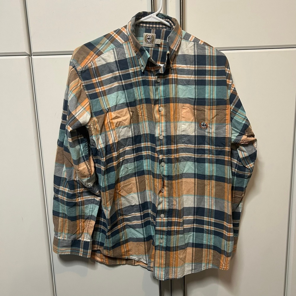 Cinch Mens Plaid Button Down Shirt Blue Orange Teal Long Sleeve Western Medium